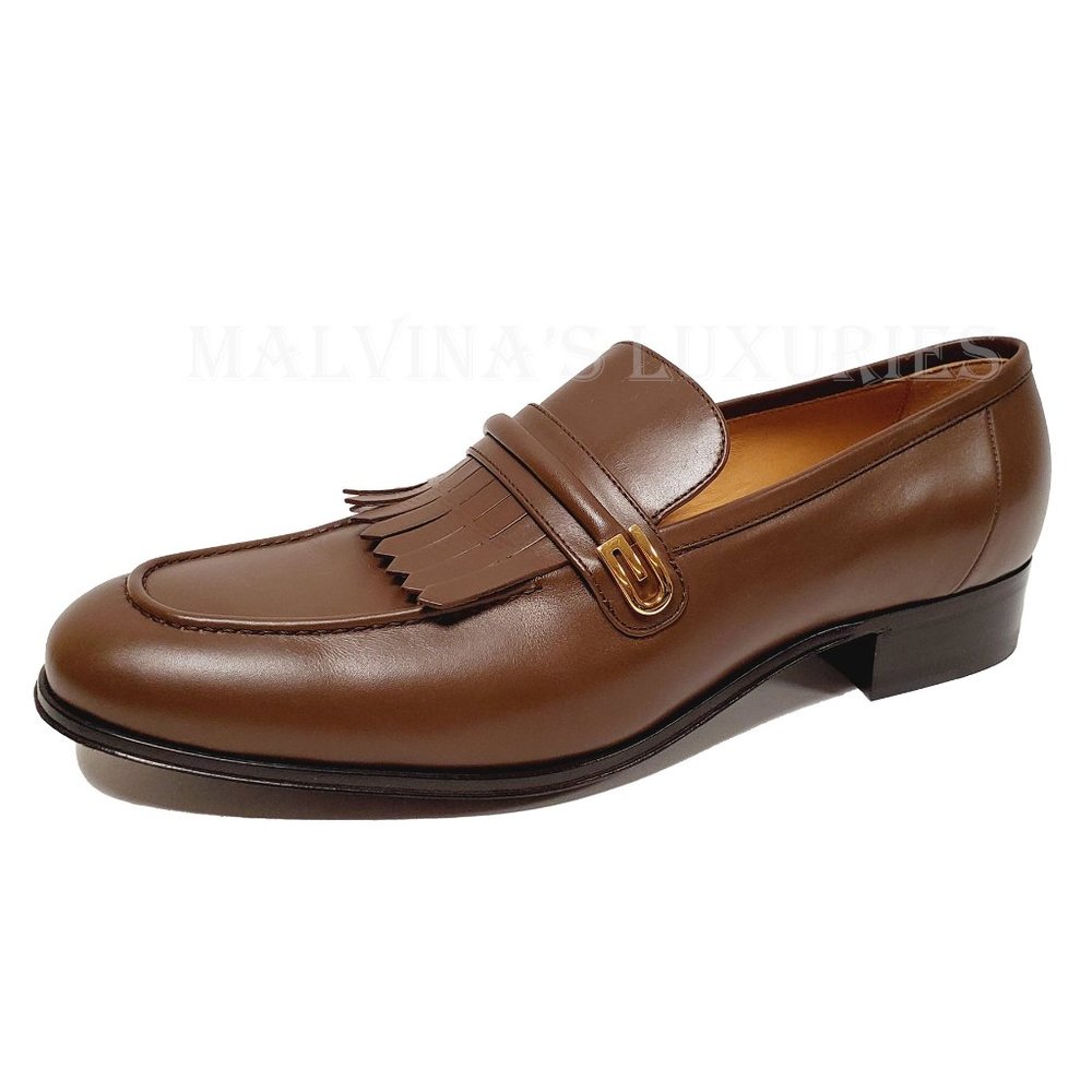 GUCCI SHOES MENS MIRRORED G FRINGED DETAIL BROWN LOAFERS sz US 10.5 - Picture 7 of 16